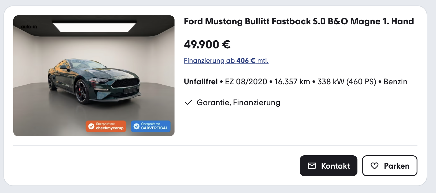 Beispiel-Inserat mit den Badges „Überprüft mit checkmycarup“ und „Überprüft mit CARVERTICAL“ auf dem Fahrzeugbild